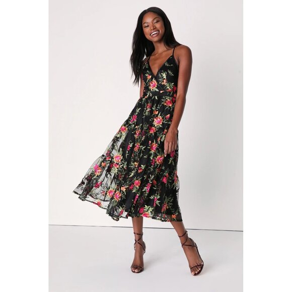 Lulus Garden Gathering Black Floral Embroidered Midi Dress Cocktail Homecoming L - Picture 1 of 14